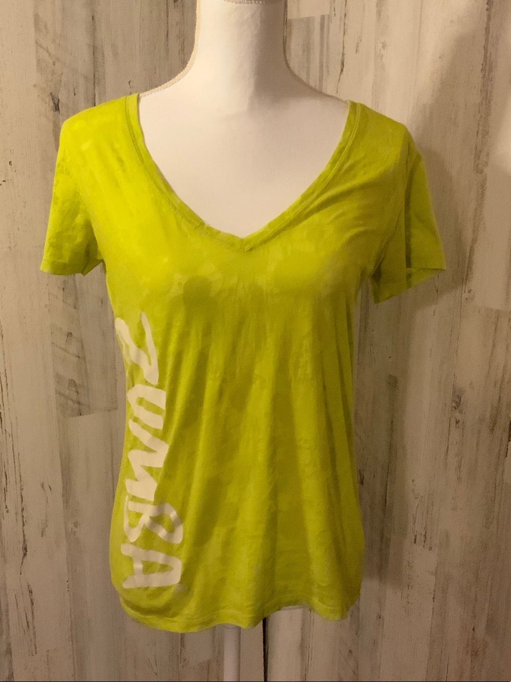 Zumba Fitness Instructor Neon Lime V-Neck Tee with White Side Script